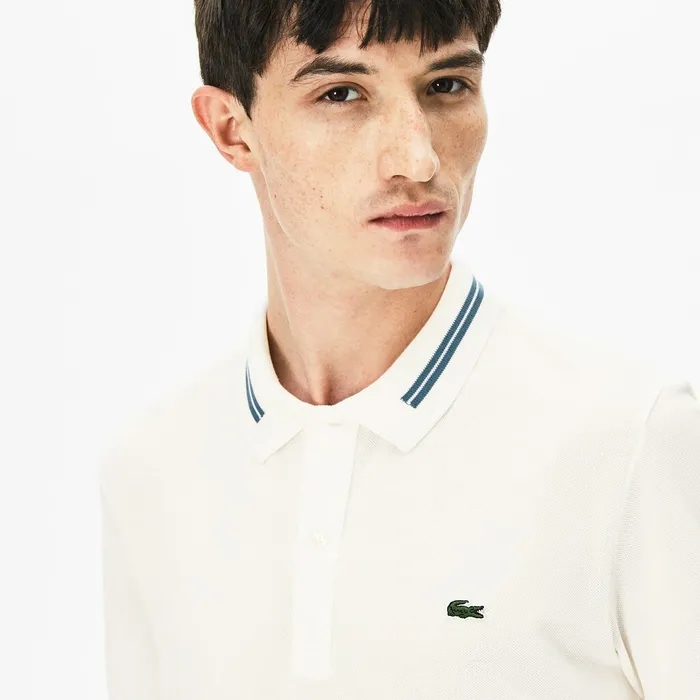 Slim Fit StripeAccented Cotton Piqu Polo White Mens Lacoste Polos On Sale