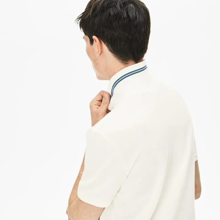 Slim Fit StripeAccented Cotton Piqu Polo White Mens Lacoste Polos On Sale