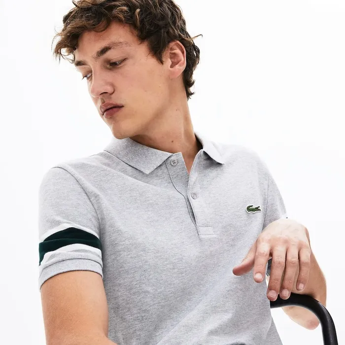 Slim Fit StripedSleeve Stretch Cotton Piqu Polo Shirt Grey ChineWhiteGreen Mens Lacoste Polos Online