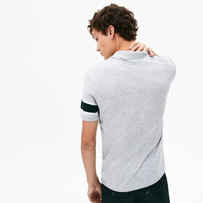 Slim Fit StripedSleeve Stretch Cotton Piqu Polo Shirt Grey ChineWhiteGreen Mens Lacoste Polos Online