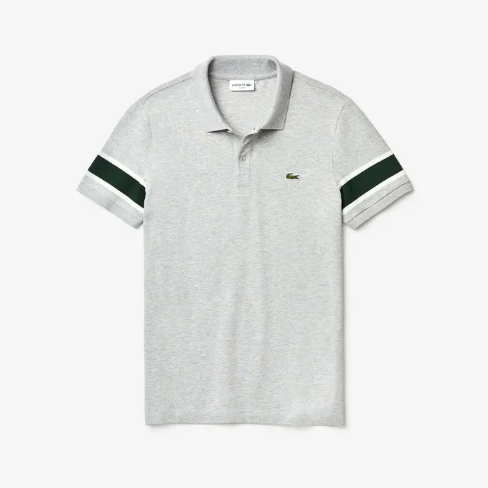 Slim Fit StripedSleeve Stretch Cotton Piqu Polo Shirt Grey ChineWhiteGreen Mens Lacoste Polos Online