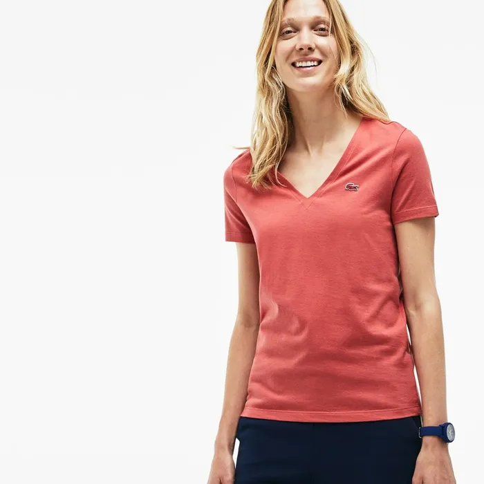 Slim Fit VNeck Cotton Jersey Tshirt Pink Womens Lacoste TShirts Casaul