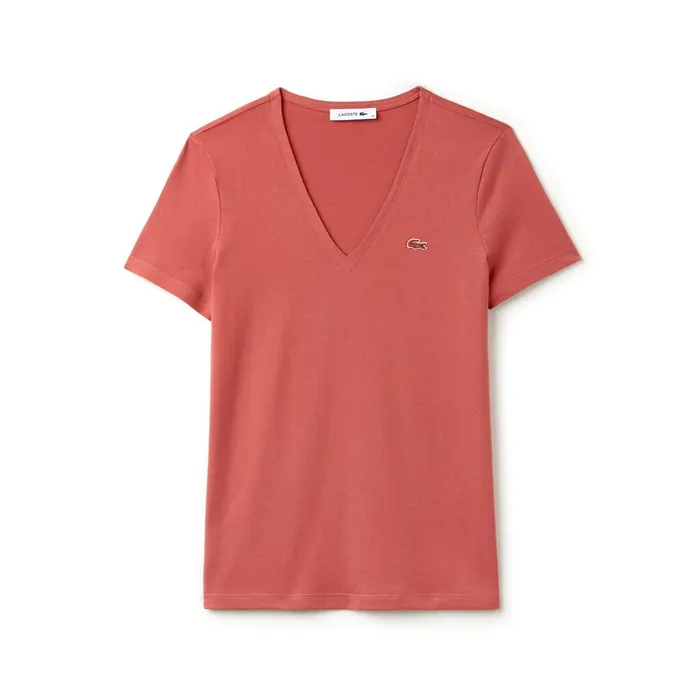 Slim Fit VNeck Cotton Jersey Tshirt Pink Womens Lacoste TShirts Casaul