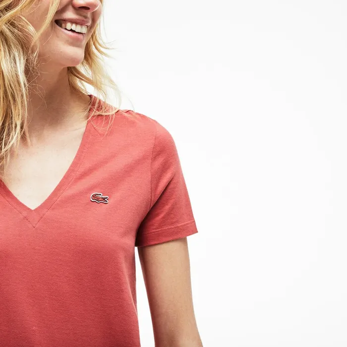 Slim Fit VNeck Cotton Jersey Tshirt Pink Womens Lacoste TShirts Casaul