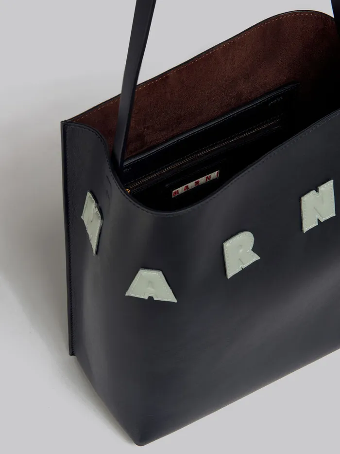 Small Black Leather Museo Hobo Bag With Patches Women Marni Tote Bags