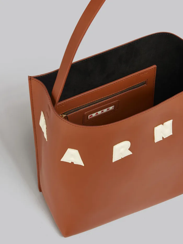 Small Brown Leather Museo Hobo Bag With Patches Women Marni Tote Bags