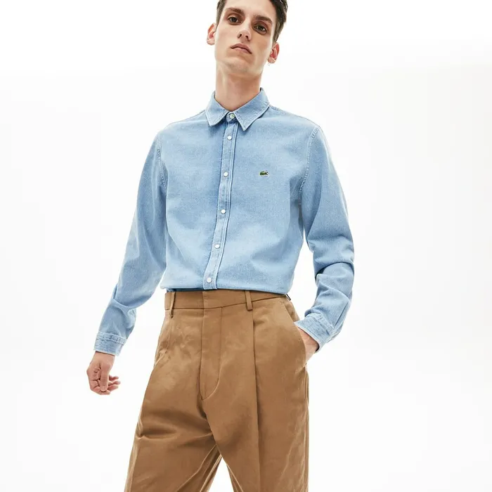 Snap Button Denim Shirt Blue Mens Lacoste Button Down Shirts Online Store