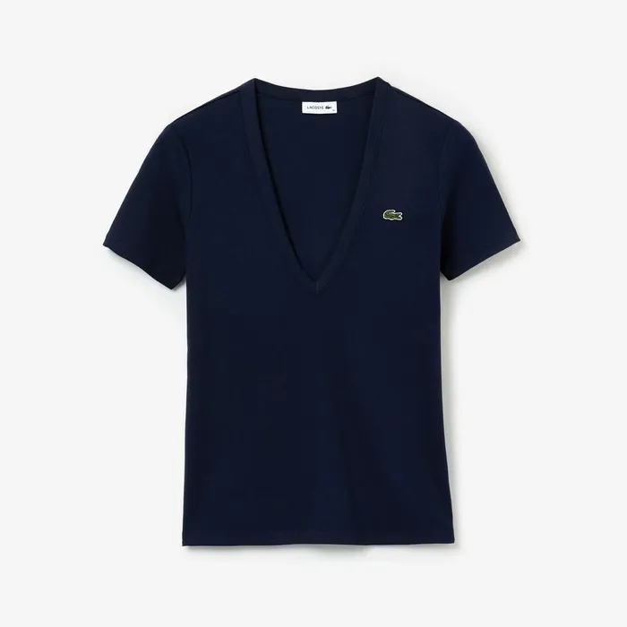 Soft Cotton VNeck TShirt Navy Blue Womens Lacoste TShirts Gift for Friend