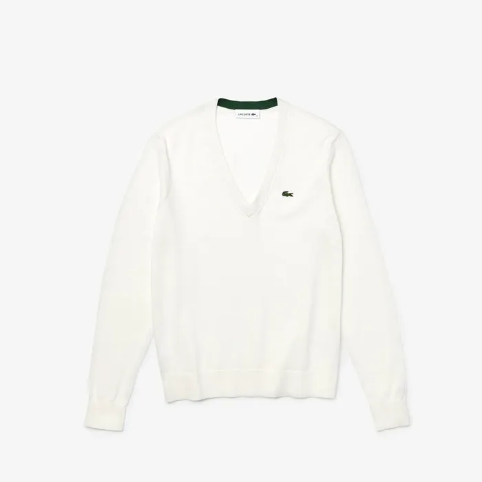 Solid Cotton VNeck Sweater White Womens Lacoste Sweaters and Sweatshirts Online Store