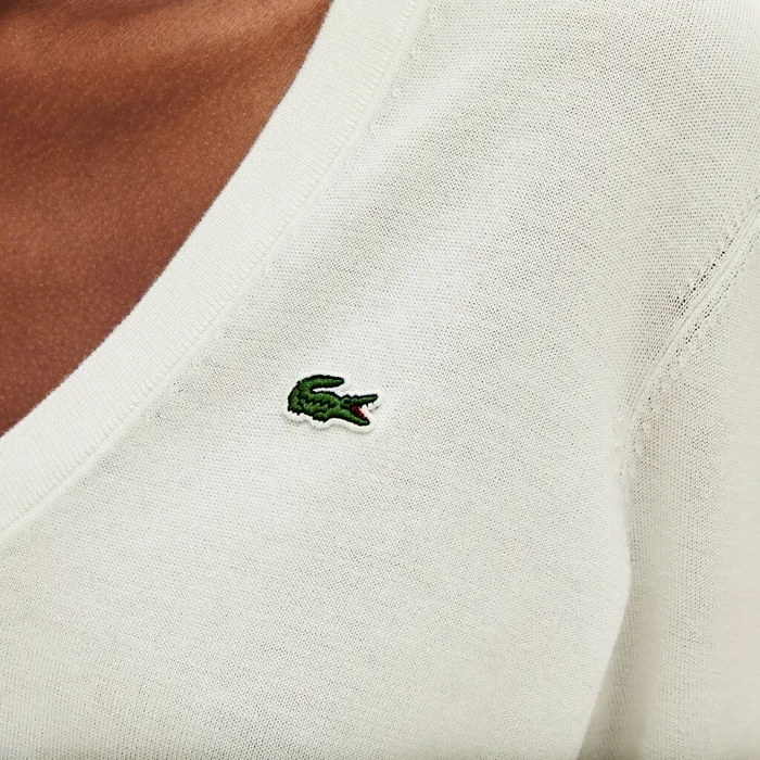 Solid Cotton VNeck Sweater White Womens Lacoste Sweaters and Sweatshirts Online Store