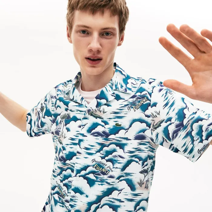 Southern France Print Cotton Hawaiian Fit Shirt BlueLight PinkWhite Mens Lacoste Button Down Shirts Casaul