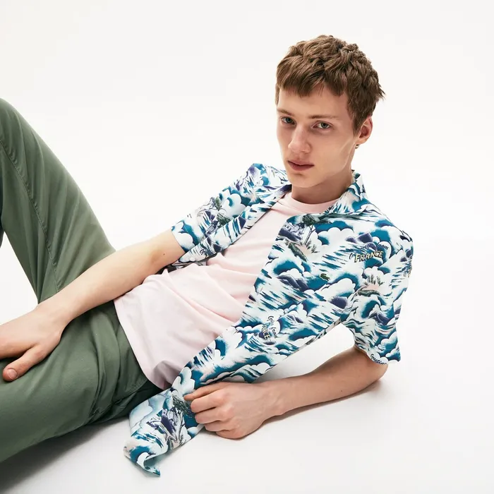 Southern France Print Cotton Hawaiian Fit Shirt BlueLight PinkWhite Mens Lacoste Button Down Shirts Casaul