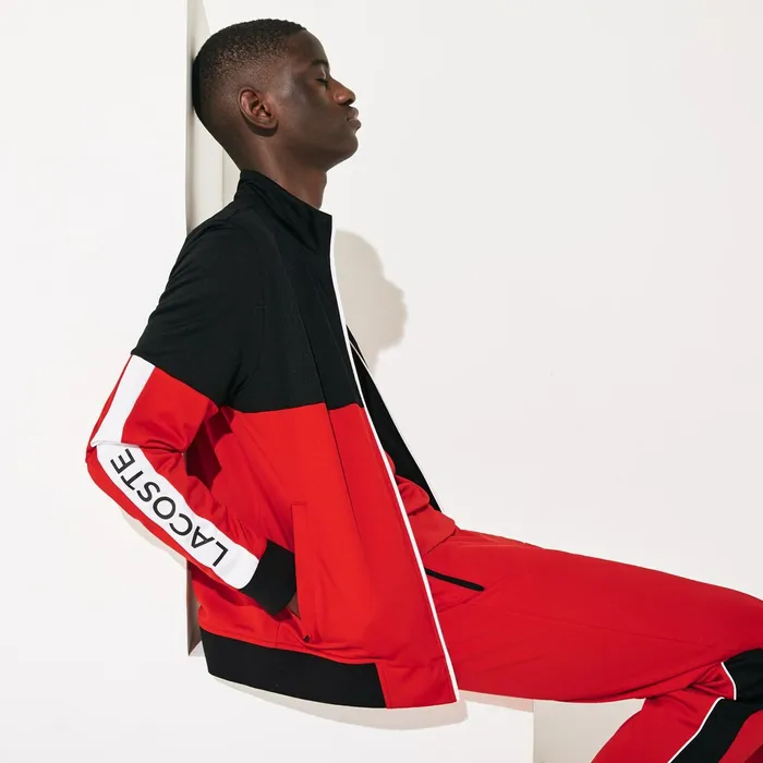 SPORT Colorblock Resistant Piqu Zip Sweatshirt BlackRedWhite Mens Lacoste Sweatshirts Gift Ideas