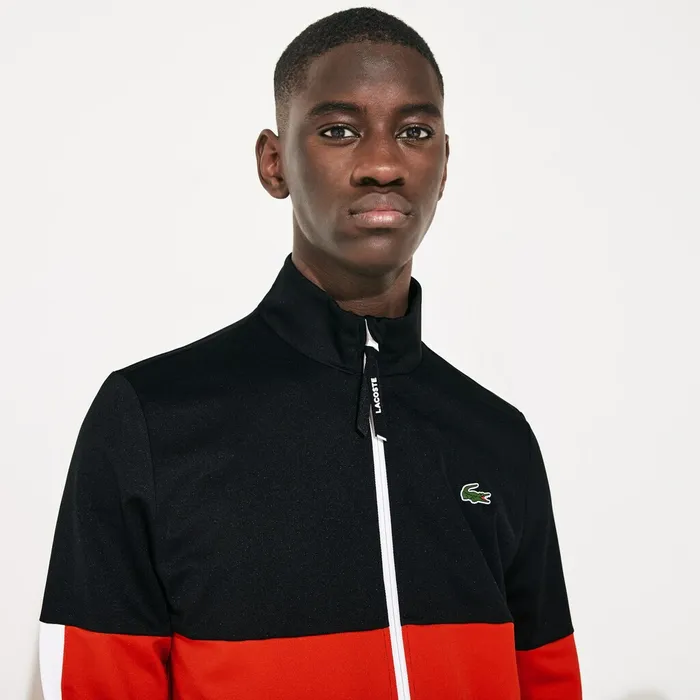 SPORT Colorblock Resistant Piqu Zip Sweatshirt BlackRedWhite Mens Lacoste Sweatshirts Gift Ideas