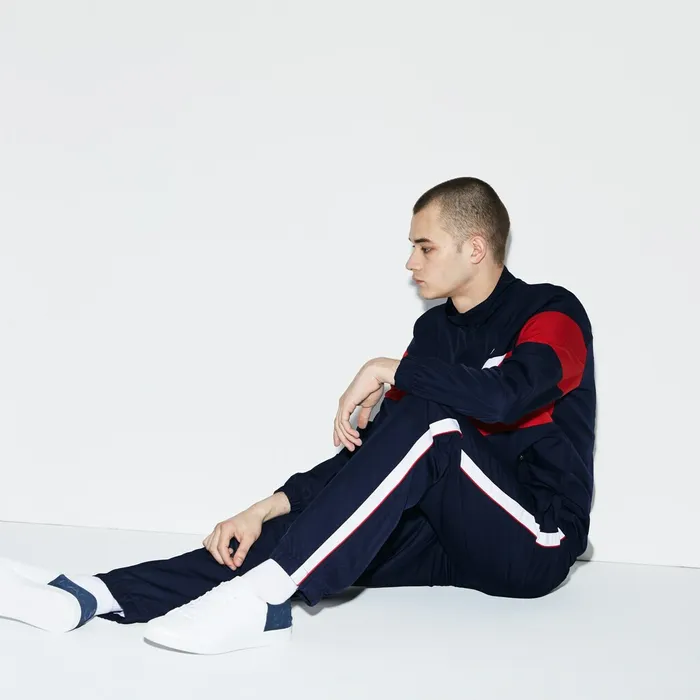 SPORT Colored Bands Taffeta Tennis Tracksuit Navy BlueRedWhite Mens Lacoste Pants and Shorts Gift 4 You