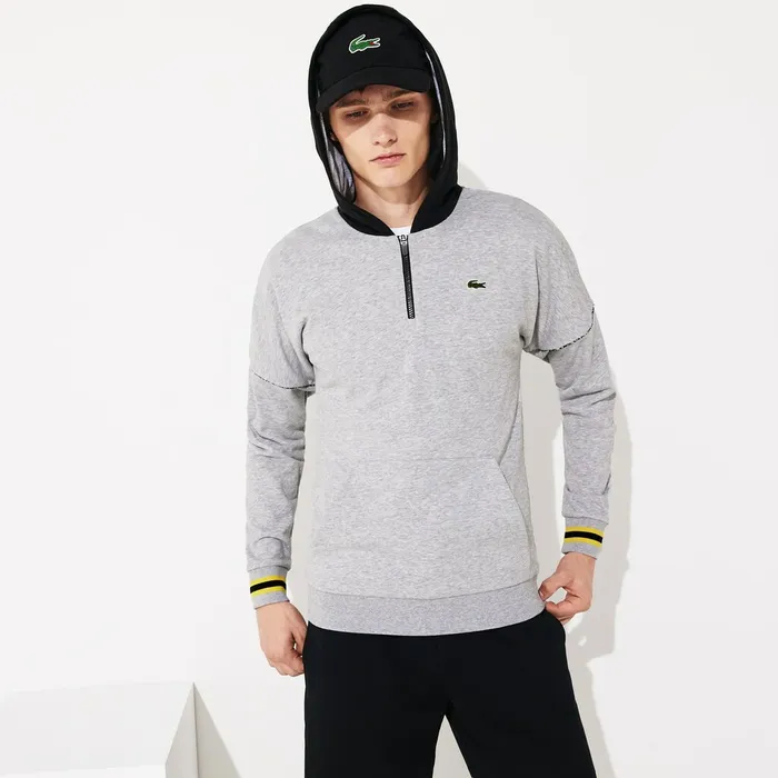 SPORT ContrastHood Fleece Sweatshirt Grey ChineBlackYellowWhite Mens Lacoste Sweatshirts Outlet Factory