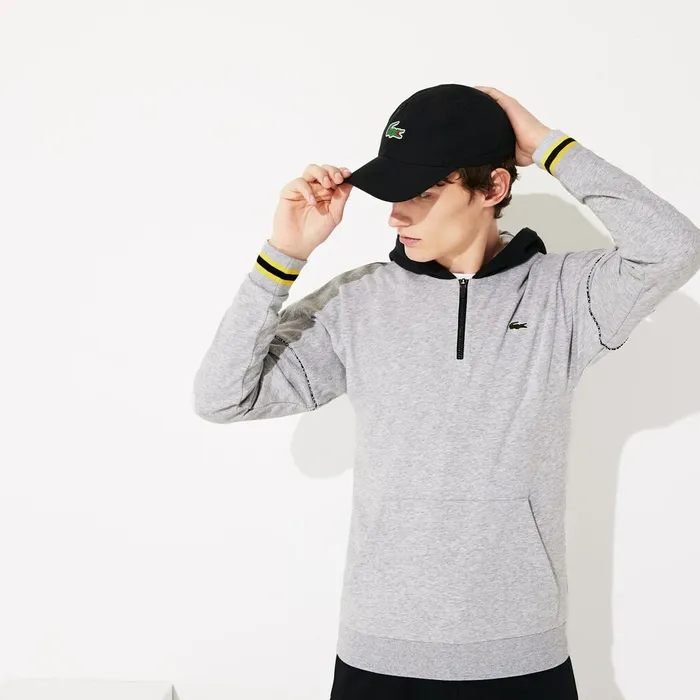 SPORT ContrastHood Fleece Sweatshirt Grey ChineBlackYellowWhite Mens Lacoste Sweatshirts Outlet Factory