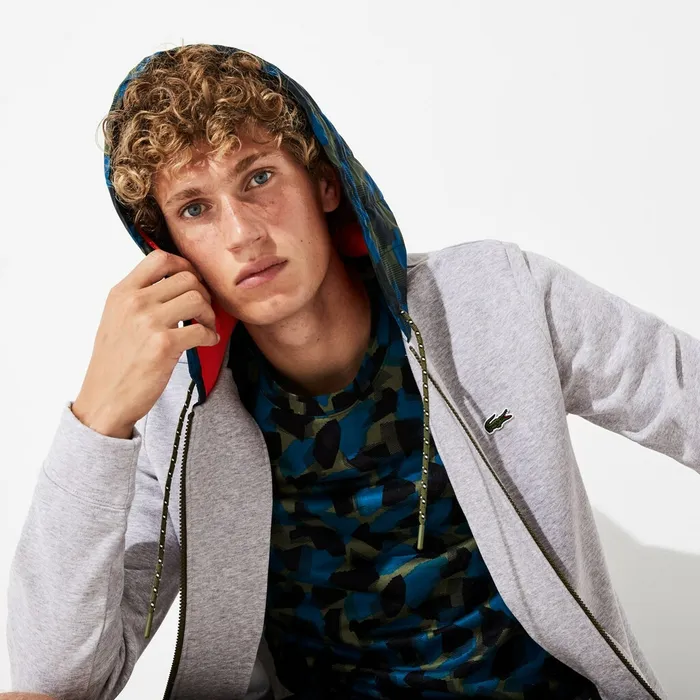 SPORT Contrast Hood Fleece Zip Sweatshirt Grey ChineBlackBlueKhaki GreenOrange Mens Lacoste Sweatshirts On Sale