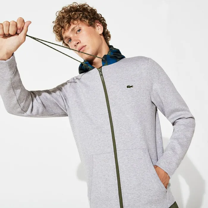 SPORT Contrast Hood Fleece Zip Sweatshirt Grey ChineBlackBlueKhaki GreenOrange Mens Lacoste Sweatshirts On Sale