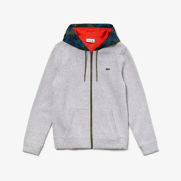 SPORT Contrast Hood Fleece Zip Sweatshirt Grey ChineBlackBlueKhaki GreenOrange Mens Lacoste Sweatshirts On Sale