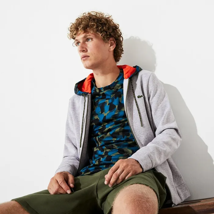 SPORT Contrast Hood Fleece Zip Sweatshirt Grey ChineBlackBlueKhaki GreenOrange Mens Lacoste Sweatshirts On Sale