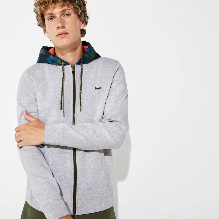 SPORT Contrast Hood Fleece Zip Sweatshirt Grey ChineBlackBlueKhaki GreenOrange Mens Lacoste Sweatshirts On Sale