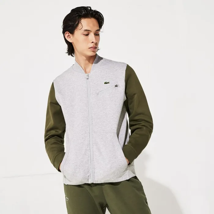 SPORT ContrastSleeve Fleece Varsity Jacket Grey ChineKhaki GreenGrey Chine Mens Lacoste Sweatshirts Gift for Friend