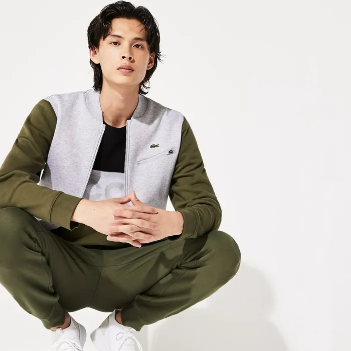 SPORT ContrastSleeve Fleece Varsity Jacket Grey ChineKhaki GreenGrey Chine Mens Lacoste Sweatshirts Gift for Friend