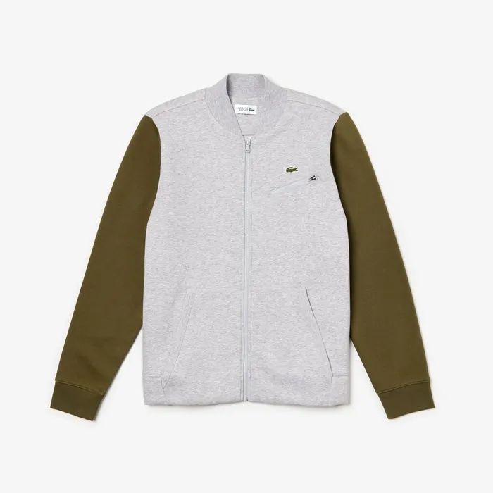 SPORT ContrastSleeve Fleece Varsity Jacket Grey ChineKhaki GreenGrey Chine Mens Lacoste Sweatshirts Gift for Friend