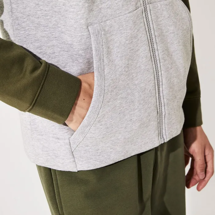 SPORT ContrastSleeve Fleece Varsity Jacket Grey ChineKhaki GreenGrey Chine Mens Lacoste Sweatshirts Gift for Friend