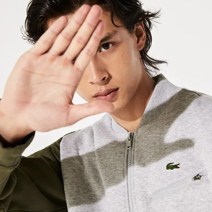 SPORT ContrastSleeve Fleece Varsity Jacket Grey ChineKhaki GreenGrey Chine Mens Lacoste Sweatshirts Gift for Friend