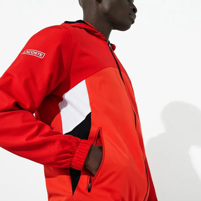 SPORT Hooded Colorblock Tracksuit RedBlackWhite Mens Lacoste Tracksuits On Sale