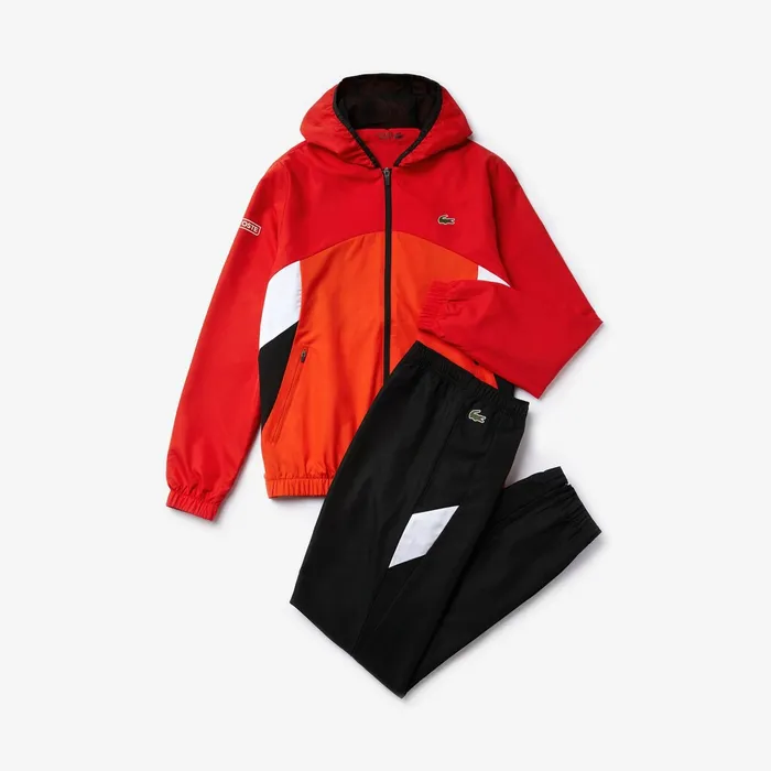 SPORT Hooded Colorblock Tracksuit RedBlackWhite Mens Lacoste Tracksuits On Sale