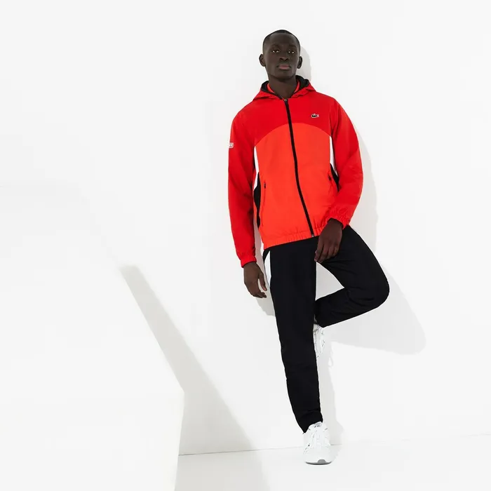 SPORT Hooded Colorblock Tracksuit RedBlackWhite Mens Lacoste Tracksuits On Sale