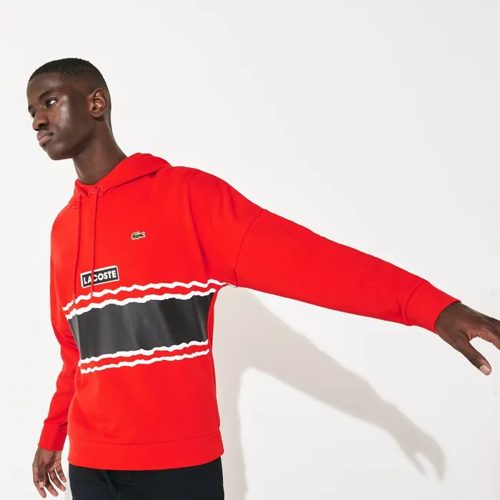 SPORT Logo and Banded Stripe Hoodie RedBlackWhite Mens Lacoste Sweatshirts Shop Online