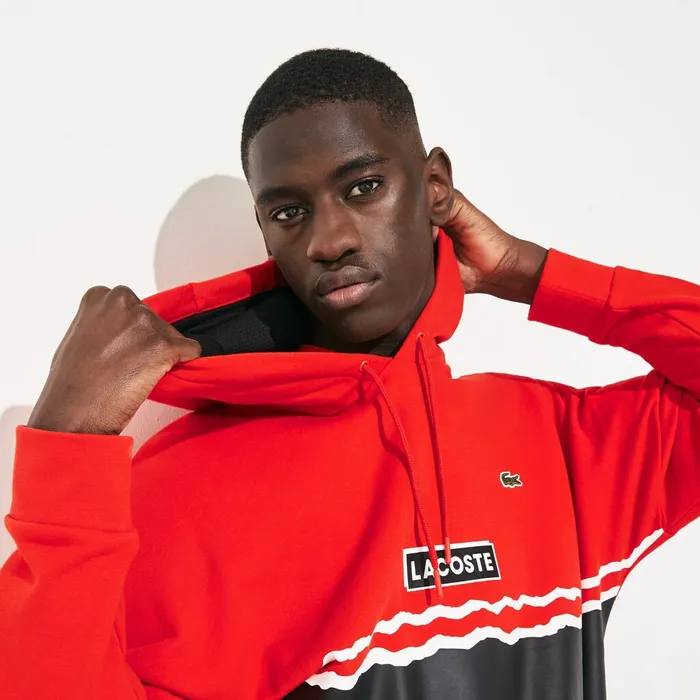 SPORT Logo and Banded Stripe Hoodie RedBlackWhite Mens Lacoste Sweatshirts Shop Online