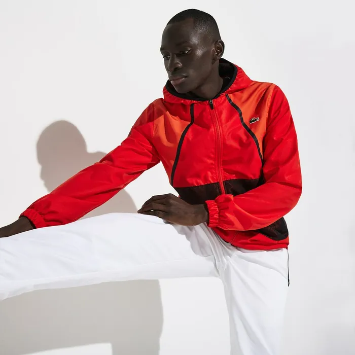 SPORT Mesh Inset Hooded Colorblock Tracksuit RedWhiteBlack Mens Lacoste Pants and Shorts USA