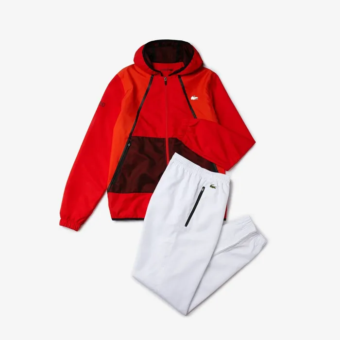SPORT Mesh Inset Hooded Colorblock Tracksuit RedWhiteBlack Mens Lacoste Pants and Shorts USA
