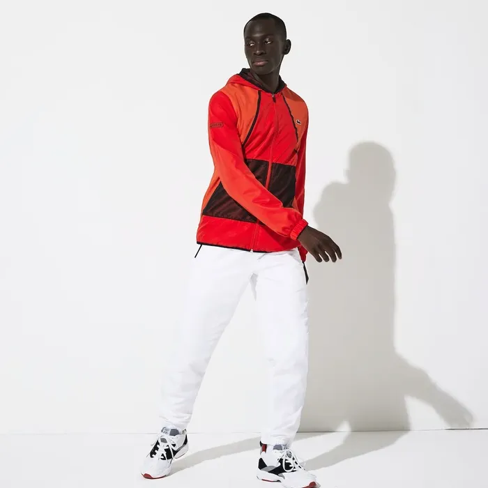 SPORT Mesh Inset Hooded Colorblock Tracksuit RedWhiteBlack Mens Lacoste Pants and Shorts USA