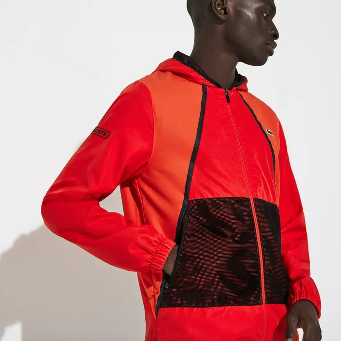SPORT Mesh Inset Hooded Colorblock Tracksuit RedWhiteBlack Mens Lacoste Pants and Shorts USA