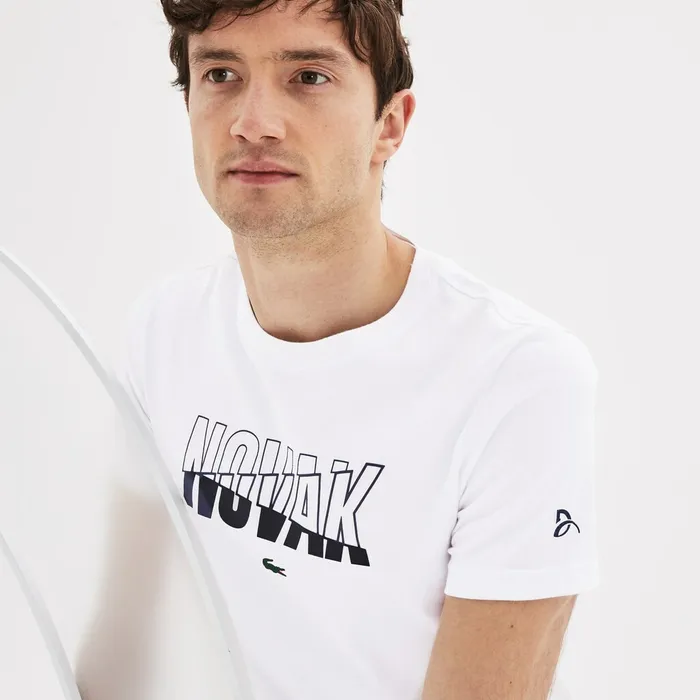 SPORT Novak Djokovic Crew Neck Print Tech Jersey Tshirt WhiteNavy Blue Mens Lacoste TShirts Cheap On Sale