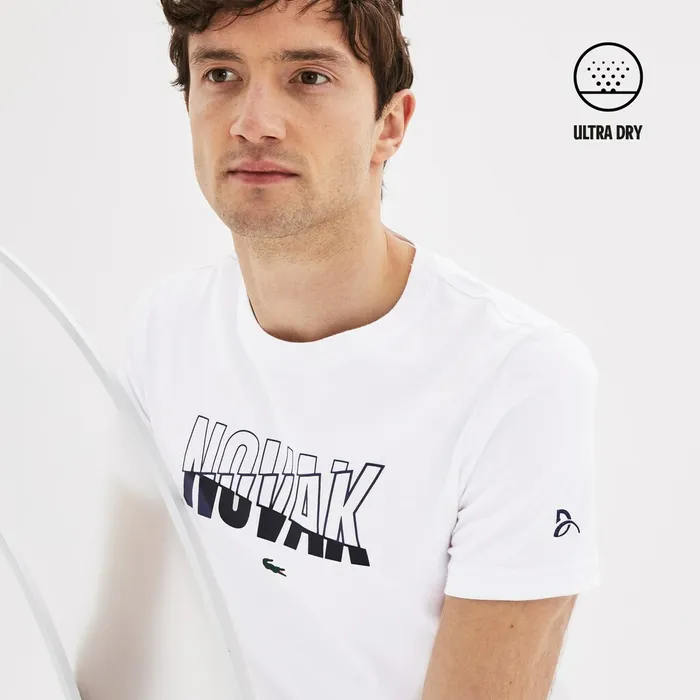 SPORT Novak Djokovic Crew Neck Print Tech Jersey Tshirt WhiteNavy Blue Mens Lacoste TShirts Cheap On Sale
