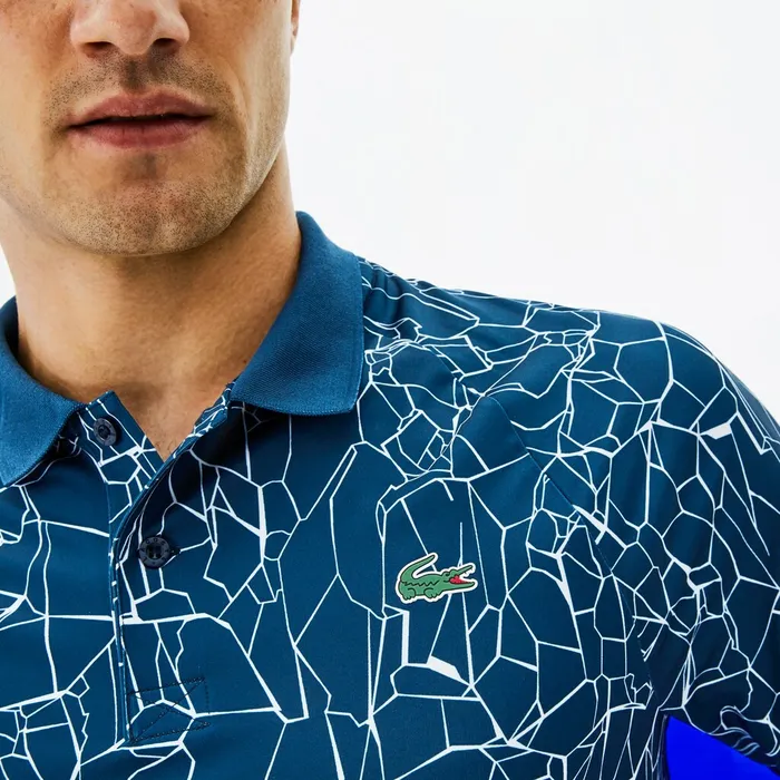 SPORT Novak Djokovic Print Technical Jersey Polo BlueWhite Mens Lacoste Polos Cheap On Sale