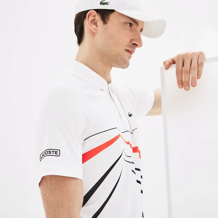 SPORT Novak Djokovic Stretch Polo WhiteBlackRed Mens Lacoste Polos Outlet