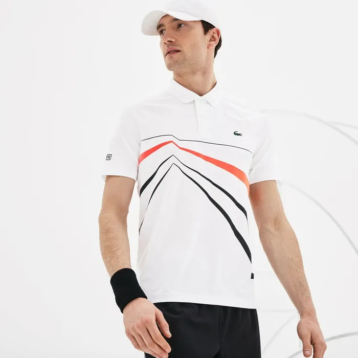 SPORT Novak Djokovic Stretch Polo WhiteBlackRed Mens Lacoste Polos Outlet