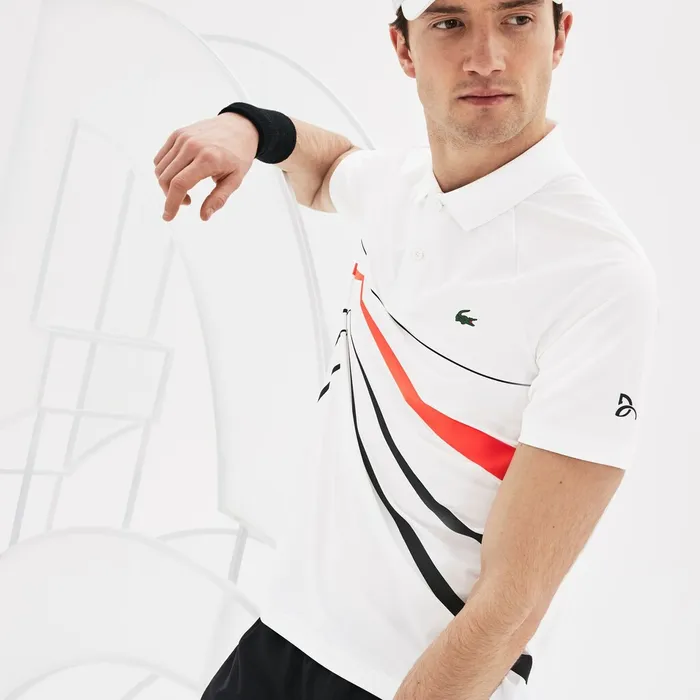 SPORT Novak Djokovic Stretch Polo WhiteBlackRed Mens Lacoste Polos Outlet