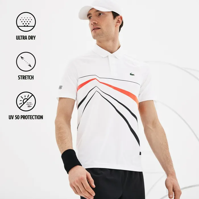 SPORT Novak Djokovic Stretch Polo WhiteBlackRed Mens Lacoste Polos Outlet