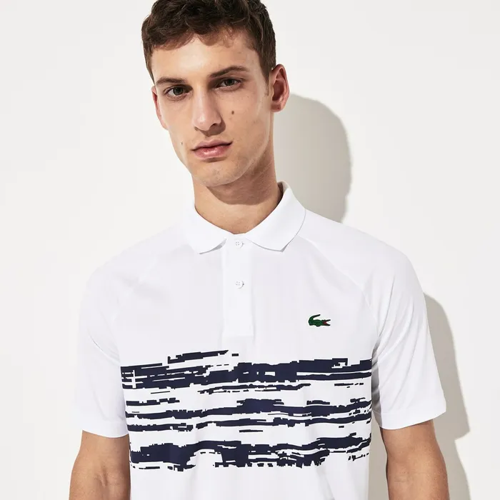 SPORT Novak Djokovic Stretch Print Jersey Polo WhiteNavy Blue Mens Lacoste Polos Shop SPORT Novak Djokovic Stretch Print Jersey Polo WhiteNavy Blue Mens Lacoste Polos Shop