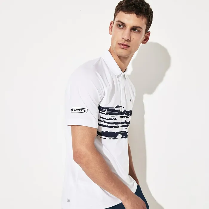 SPORT Novak Djokovic Stretch Print Jersey Polo WhiteNavy Blue Mens Lacoste Polos Shop
