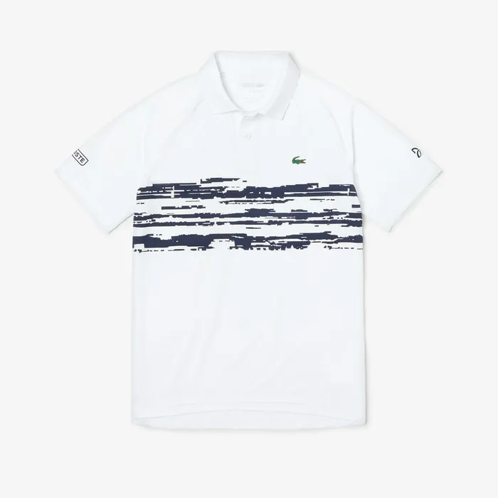 SPORT Novak Djokovic Stretch Print Jersey Polo WhiteNavy Blue Mens Lacoste Polos Shop